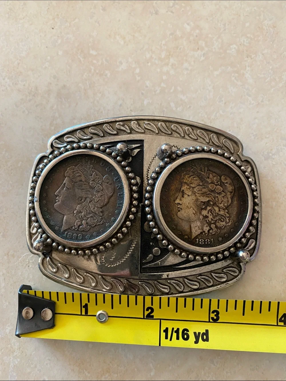 Antique Silver Tone Double Coin Buckle with Morgan Coins